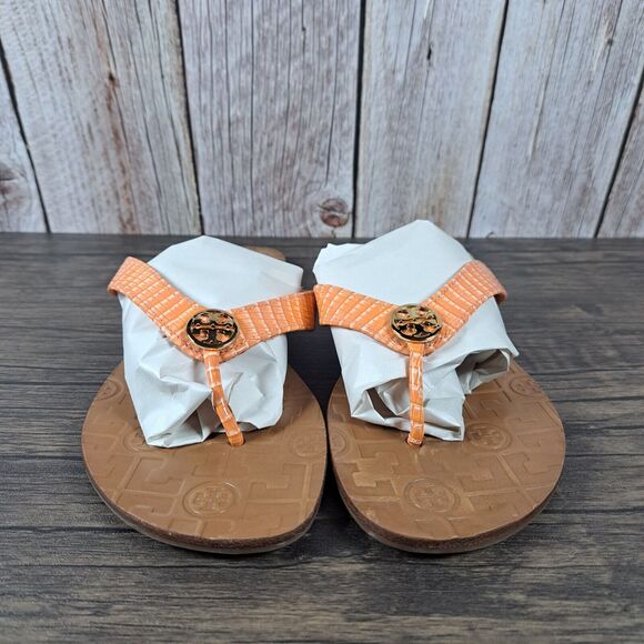 Tory Burch Thora Flip Flop Sandals Women's Sz 9 M Orange Patent Gold Logo - Picture 2 of 9